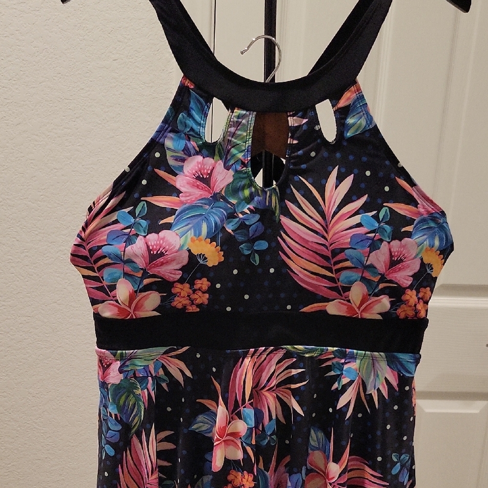 BloomChic Black One-Piece Swimdress with Pink & Blue Tropical Floral Print - Picture 3 of 5